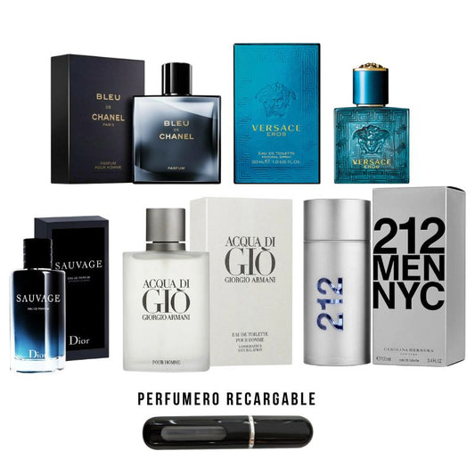 01- 5 PERFUMES +1 REGALO ( 212 - Sauvage - Bleu - Versace - Acqua de Gio + perfumero