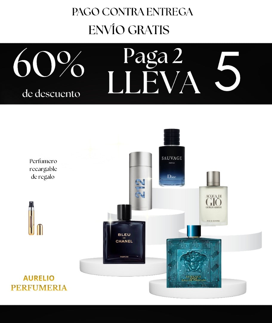 01- 5 PERFUMES +1 REGALO ( 212 - Sauvage - Bleu - Versace - Acqua de Gio + perfumero